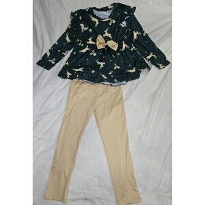 Girls’ Holiday Outfit – Size 5Y – Reindeer/Holly/Star Print Top & Pant- 2 piece